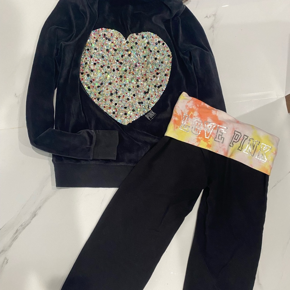 Victoria's Secret Pink Black Heart Fur Hoodie Set